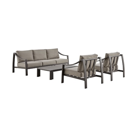 Armen Living Mongo 4 Piece Outdoor Patio Furniture Set in Dark Brown Aluminum with Cushions 840254332416
